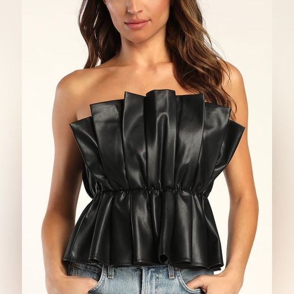 Vegan Leather Pleated Strapless Top - Picture 2 of 8